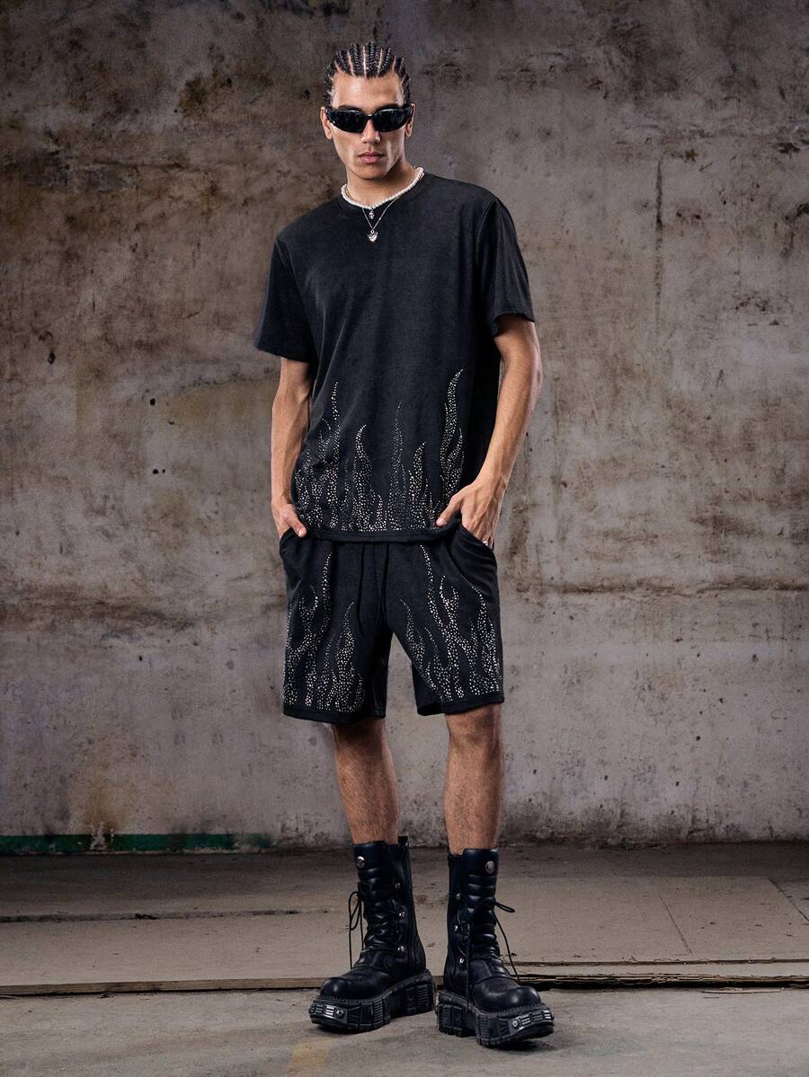 Skyrend 2pcs/Set Men's Comfortable Washed Fabric Flame Rhinestone Decor Round Neck Short Sleeve T-Shirt And Drawstring Elastic Waist Shorts, Suitable For Casual, Party, Gathering, Sports, Office, Spring/Summer, Classic Bestselling Set, Great For Self-Wear Or Giftemo - Black - View 1