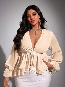 Viva Relle Plus Size Chiffon Sexy Bow Blouse - Apricot - View 1