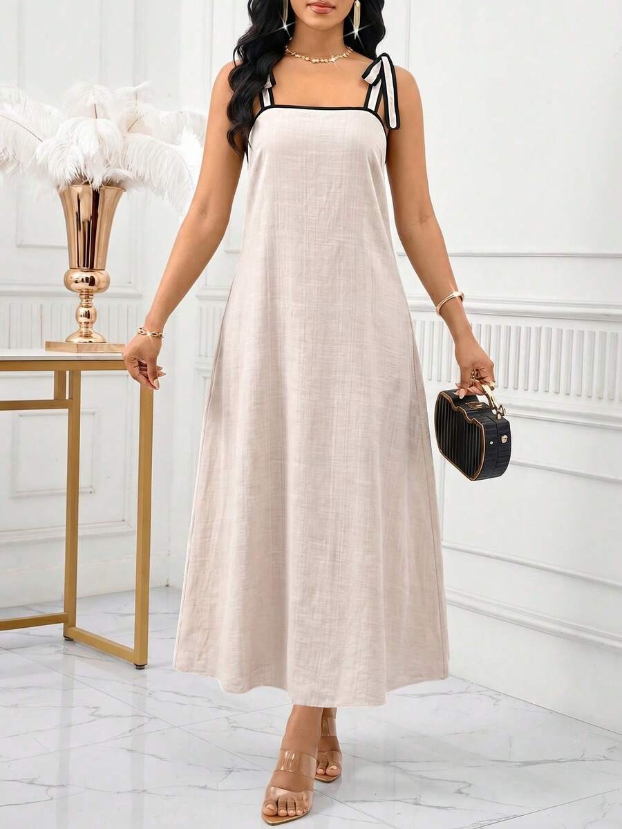 SHEIN Lady Đầm dài hai dây phối màu tương phản, phong cách boho, thích hợp cho kỳ nghỉ hè, du lịch hoặc tiệc tùng. - Màu be - Xem 1