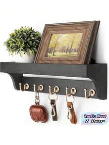 1 pieza Soporte de llaves de madera rústica montado en la pared, organizador de correo decorativo con ganchos de llave vintage, estante flotante para entrada, pasillo, decoración del hogar, apartamento, granja, montaje en pared, almacenamiento - Multicolor - Ver 1