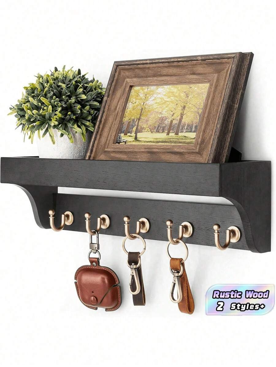 1 pieza Soporte de llaves de madera rústica montado en la pared, organizador de correo decorativo con ganchos de llave vintage, estante flotante para entrada, pasillo, decoración del hogar, apartamento, granja, montaje en pared, almacenamiento - Multicolor - Ver 1