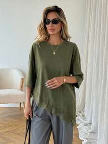 SHEIN LUNE Kaos Wanita Kasual Warna Polos dengan Hem Asimetris dan Patchwork Renda, Pakaian Sehari-hari Dasar untuk Musim Semi & Musim Panas, Atasan Musim Panas - Hijau Tentara - View 6