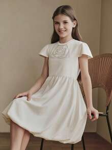 Anewsta Vestido de niña con cuello redondo, manga de campana y bordado floral para primavera/verano - Albaricoque - Ver 6
