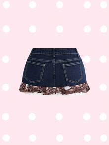 ROMWE Chân váy ngắn denim xếp ly ren in họa tiết món tráng miệng sô cô la Y2K dành cho nữ - Màu xanh hải quân - Xem 2