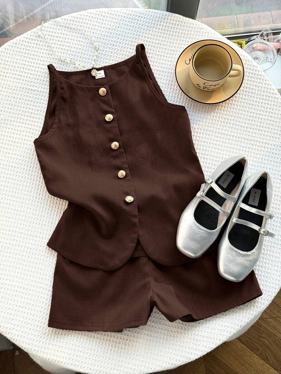 Bộ áo ba lỗ và quần short màu nâu cho bé gái tuổi teen, trang phục thường ngày, cỡ lớn. - màu nâu - Xem 1