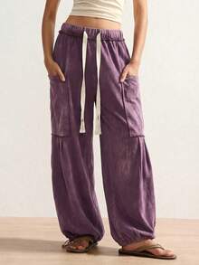 Bohemela Pantalones casuales sueltos de talla grande con bolsillos grandes y cintura con cordón - Morado - Ver 2