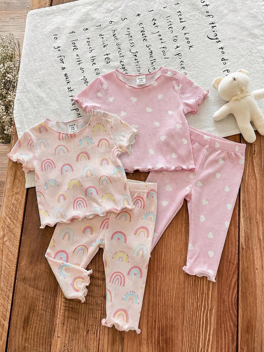 SHEIN LMoss Kids Dozemod 儿童新生女宝宝夏季休闲碎花荷叶边圆领短袖上衣和裤子四件套针织睡衣套装 - 彩色 - 查看 1