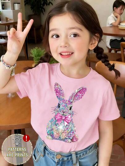 Elladie kids 1件女童休闲可爱碎花夏季度假印花针织圆领短袖T恤，适合夏季度假外出穿着，2026春夏新款，夏季穿搭