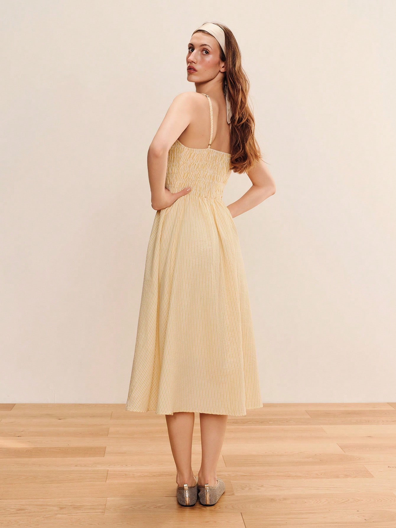 Yellow Striped Midi Dress With A Square Neckline, Smocked Top And A-Line Skirt Cute Spring Summer Dress Cute Yellow Dress Casual Vacation Outfit French Style Dress