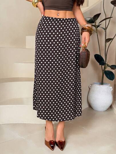 SHEIN PETITE Coffee Brown Satin Polka Dot Mermaid Hem Elegant Long Skirt For Women,New Year, Party