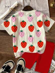 2pcs/Set Teen Girls' Green And White Strawberry Print Short Sleeve Top And Shorts Set,Summer Streetwear Holiday Casual Fruit T-Shirt Aesthetic Outfit - Multicolor - View 3