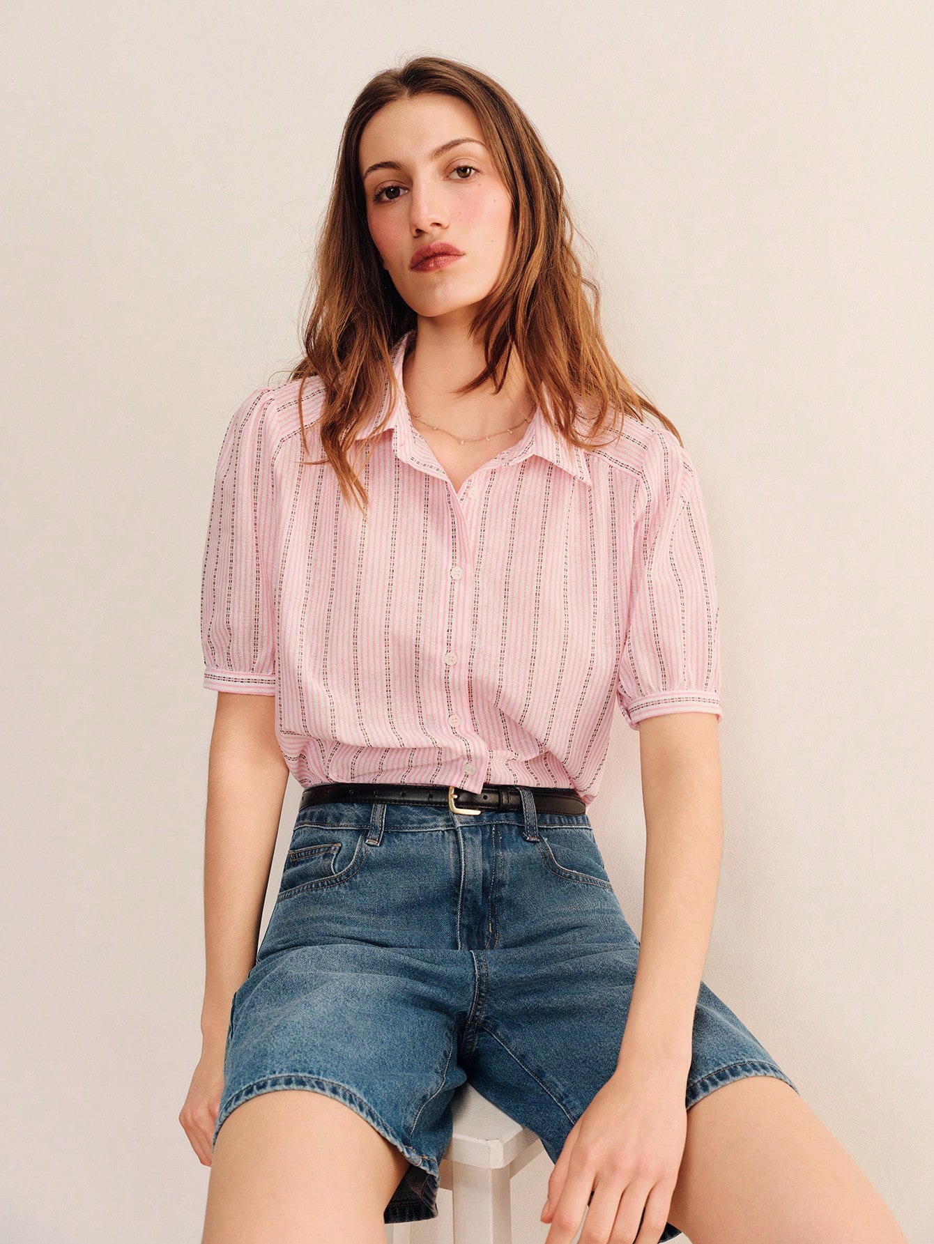 Relaxed Pink Striped Shirt With Short Gathered Sleeves And Buttoned Placket