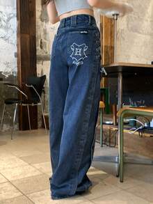 DAZY Quần jeans ống rộng dáng suông buộc dây bên hông, phong cách thường ngày cho nữ, thích hợp mặc đi làm. - Màu xanh lam - Xem 5