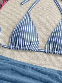 SHEIN WYWH Bộ đồ bơi màu xanh hải quân kẻ sọc, phong cách tối giản, thích hợp cho mùa xuân/hè đi biển. - Nhiều màu - Xem 4