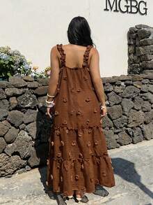 Sunnyshic Plus Size Square Neck Spaghetti Strap A-Line Dress, Vacation Style - Brown - View 2