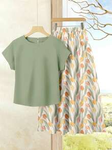 女士度假休闲纯色上衣+印花半裙套装（2件套），女士夏季服装，夏季半裙套装，半裙上衣套装，女士半裙上衣套装，印花半裙套装 - 彩色 - 查看 4