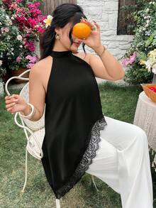 Modelyn 休闲优雅蕾丝拼接宽松大码女式吊带背心，春夏款 - 黑色 - 查看 7