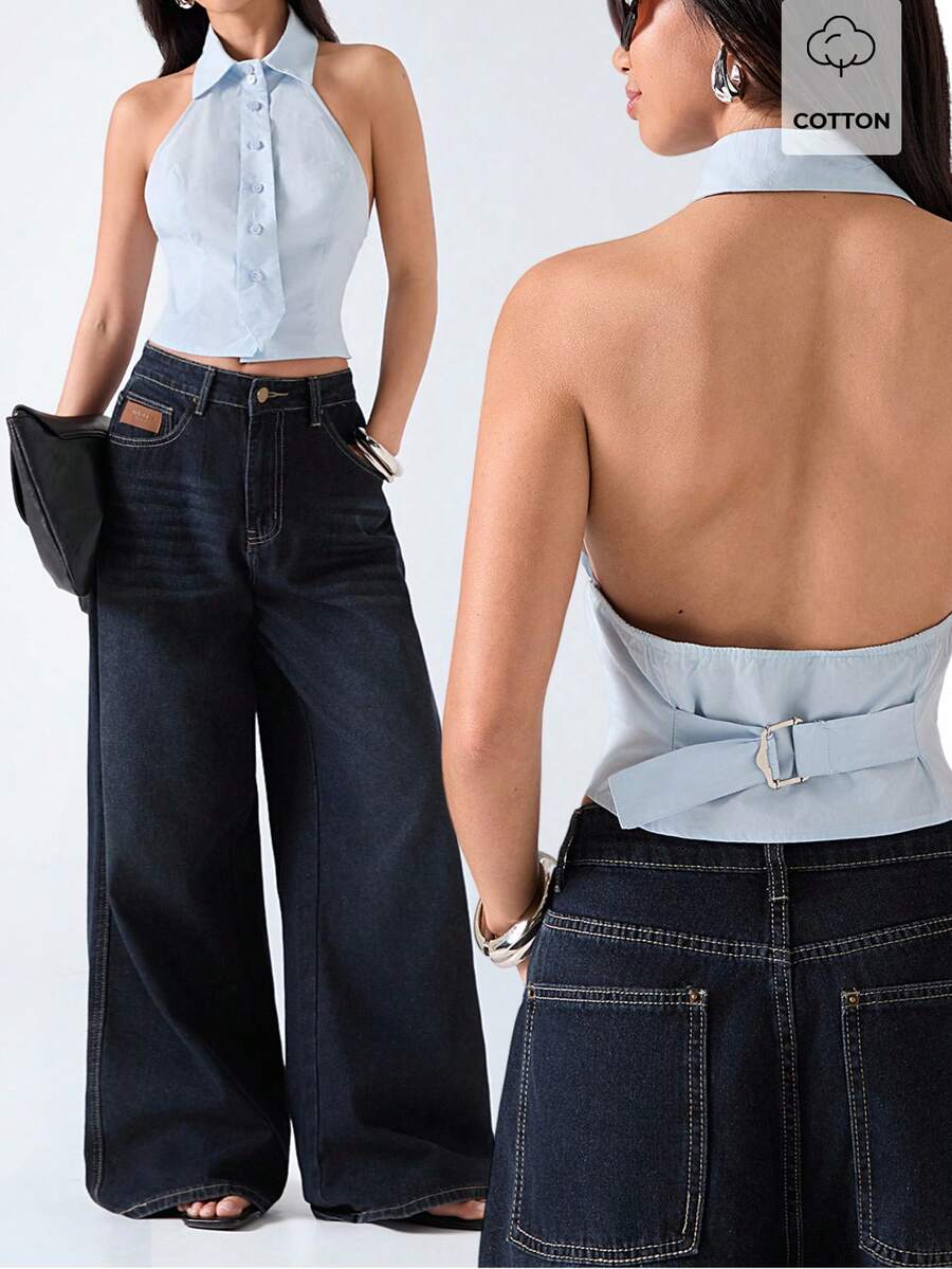 LYSMO 2026 Nou sosit, minimalist, primăvară/vară, cămașă sexy pentru femei cu nasturi în față, fără spate, cu bretele halter, top de vară - Bleu - Vizualizare 1