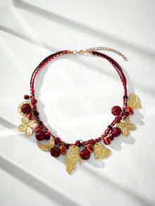 Maija New Light Luxury Handmade Knotted Three-Strand Rope Palm Moon Love Vacation Wind Seaside Multi-Element Pendant Necklace - Red - View 3