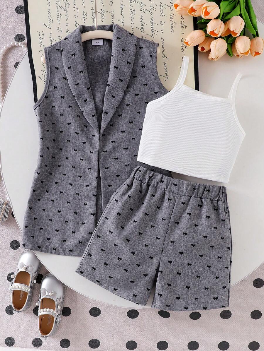 SHEIN Elladie kids 三件套少女正装套装:灰色西装外套、针织吊带背心、蝴蝶印花短裤,优雅夏季女童套装,休闲度假或上学穿着。 - 灰色 - 查看 1
