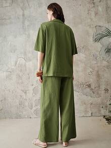 Aveloria Modichic Women's Linen-Like Loose Metal Asymmetric Button Short Sleeve Blazer And Straight Leg Pants Suit Set, Olive Green Short Sleeve Blazer, Single Button Design, Loose Silhouette, 7/8 Straight Leg Pants, Minimalist Casual Suit, Lightweight Crinkle Fabric, Office & Business Casual, Spring/Summer Wear, Comfortable, Suitable For Daily Office And Business, Natural Drape, Flattering For All Body Types, Easy To Style For Holidays - Green - View 2