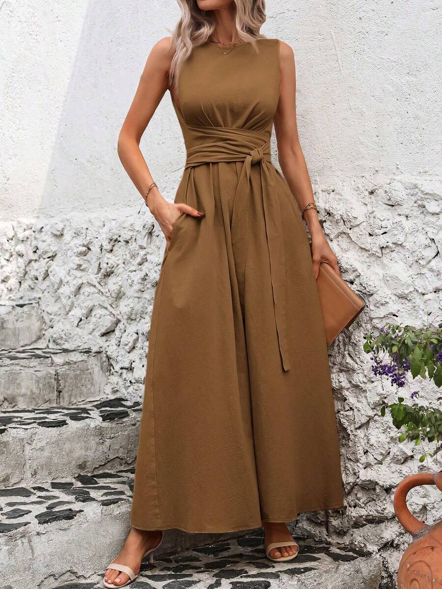 Solivie Đầm không tay màu trơn, kiểu dáng thường ngày, thắt eo, thích hợp cho kỳ nghỉ. - Màu Khaki - Xem 1