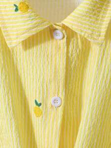 2pcs Girls Striped Textured Fabric Short Sleeve Shirt And Casual Pants Set - Yellow - View 4