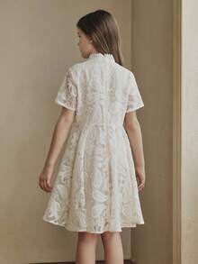 Anewsta Vestido de línea A con cuello de encaje estilo chino elegante nuevo para niñas, con decoración de botones, manga corta, adecuado para fiestas de cumpleaños, uso diario y otras ocasiones refinadas en primavera/verano - Albaricoque - Ver 7