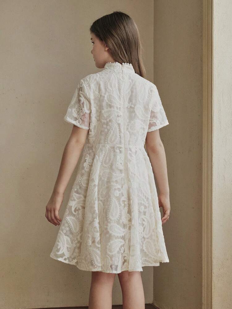 Girls' Elegant New Chinese Style Lace Cheongsam Collar Button Decor A-Line Dress, Short Sleeve, Suitable For Birthday Party, Daily Wear, And Other Refined Occasions In Spring/Summer