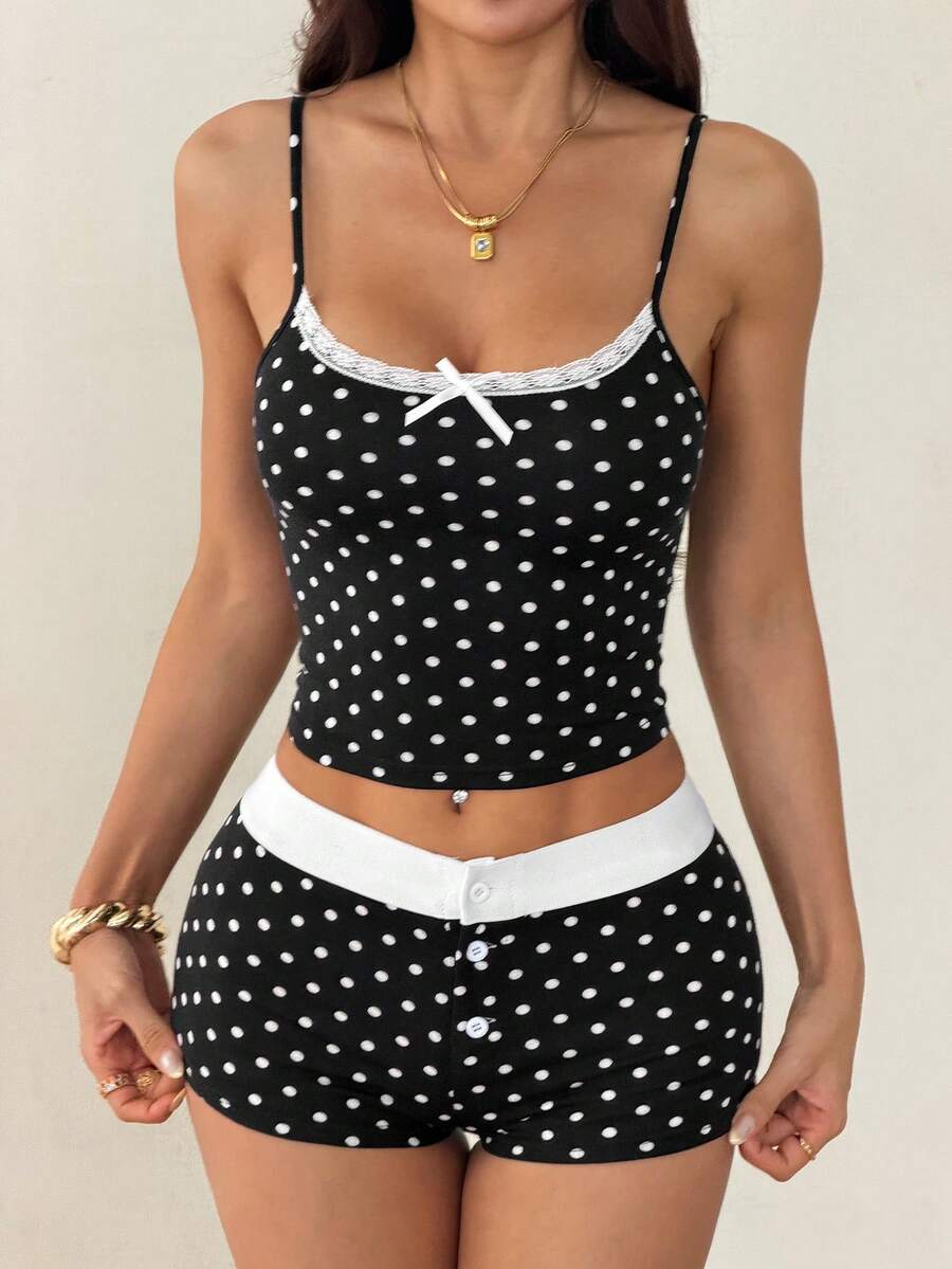 SHEIN PETITE 女士波点吊带背心和短裤时尚百搭度假派对套装，外出装扮 - 黑色 - 查看 1