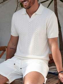 Manfinity CityGents Old Money 男士夏季度假純白色針織短袖 Polo 衫，休閒海灘度假夏威夷熱帶復古復古針織上衣 - 白色 - 查看 8