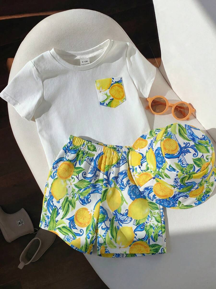 SHEIN 3件套幼儿男女宝宝可爱柠檬条纹短袖T恤、短裤和帽子套装,春夏款 - 彩色 - 查看 1