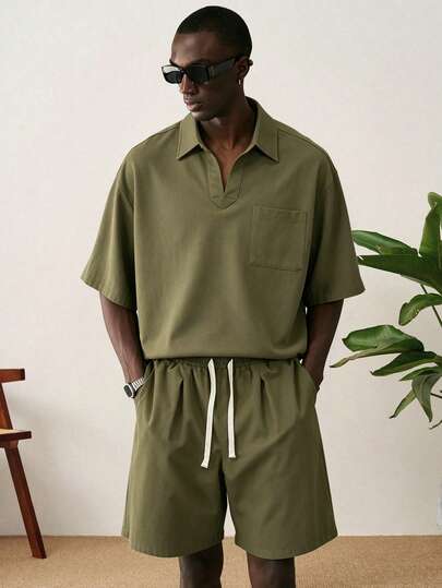 STYNVO Conjunto de camisa y pantalones cortos de unicolor casual de verano para hombre