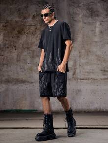 Skyrend 2pcs/Set Men's Comfortable Washed Fabric Flame Rhinestone Decor Round Neck Short Sleeve T-Shirt And Drawstring Elastic Waist Shorts, Suitable For Casual, Party, Gathering, Sports, Office, Spring/Summer, Classic Bestselling Set, Great For Self-Wear Or Giftemo - Black - View 3