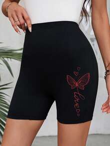 SHEIN LUNE Plus Size Women Casual Minimalist Black Base Red Butterfly Slogan Print Tight Short Leggings, Summer - Black - View 1