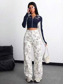 SHEIN ICON Quần jean nữ thời trang đi nghỉ mát in hoa, có túi và cúc cài. - Nhiều màu - Xem 4