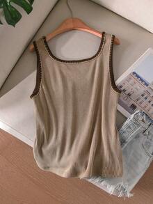 CosyJoli Plus Size Women Washed Snow Flower Camisole Casual Street Style Top, Plus Size Women Contrast Trim Camisole And Tank Top, Summer Tops - Camel - View 2