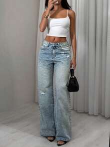 SHEIN TRNDY Quần jeans ống đứng cạp thấp rách nhẹ, phong cách thường ngày, thời trang đi nghỉ mát. - Rửa nhẹ - Xem 1