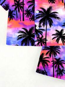 SHEIN Conjunto de shorts de praia e camisa de manga curta para menino, estilo casual minimalista com estampa de plantas tropicais. - Multicolorido - Ver 6