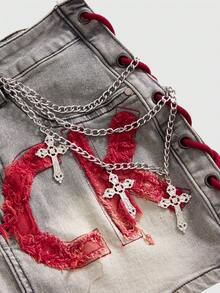 ROMWE J-Fashion Y2K复古低腰撞色英文字母印花红色牛仔迷你裙（女款） - 灰色 - 查看 3