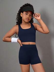 SHEIN Girlism Tween Girl 3 Pieces Set: Long Sleeve Mock Neck Zip-Up Top, Camisole, And Leggings - Navy Blue - View 6
