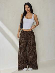 SHEIN PETITE Women's Casual Leopard Print Drawstring Waist Loose Pants - Brown - View 7