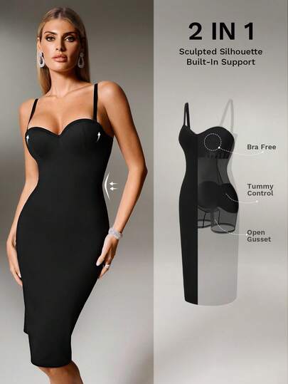 Nuvra Women's Sleeveless Low-Cut Double-Layer Tummy Control Shapewear Slip Dress With Lining, Waist Cinching, Butt Lifting, Mid-Length Body Shaper Dress Built In Bra Dress Bustier Dress Sexy Black Dress For Women Sexy Curve Dress Bandage Dress For Women 2026 New Women's Swimwear ArrivalFor School,Suitable For Holiday, Date, Afternoon Tea, Western, Cruise, Beach, Island, Road Trip, All Seasons, Music Festival, Boho Vacation,Bohemian Vacation, Chill Autumn ,Western Boho ,Elegant Tops For Women Shapewear Dress Sexy Midi Dress