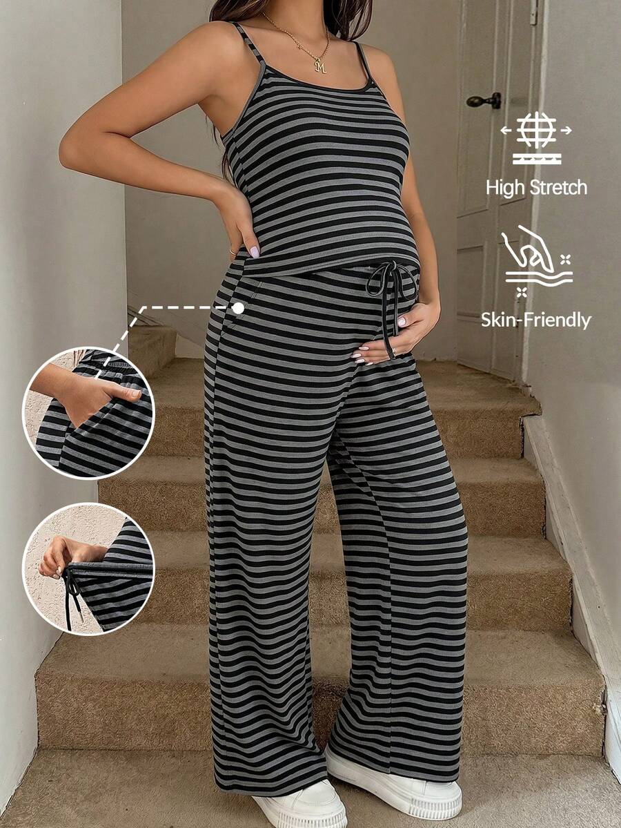 SHEIN Maternity Sleeveless Striped Casual Comfortable Breathable Tank Top And Pants 2 Pieces Set, Summer Work Maternity Photoshoot Outfits - Black - View 1
