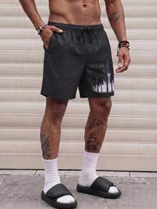 Manfinity EMRG 男士棕榈树印花抽绳腰袋沙滩短裤，适合夏季男士黑色泳裤，带棕榈树的黑色泳裤 - 黑色 - 查看 2