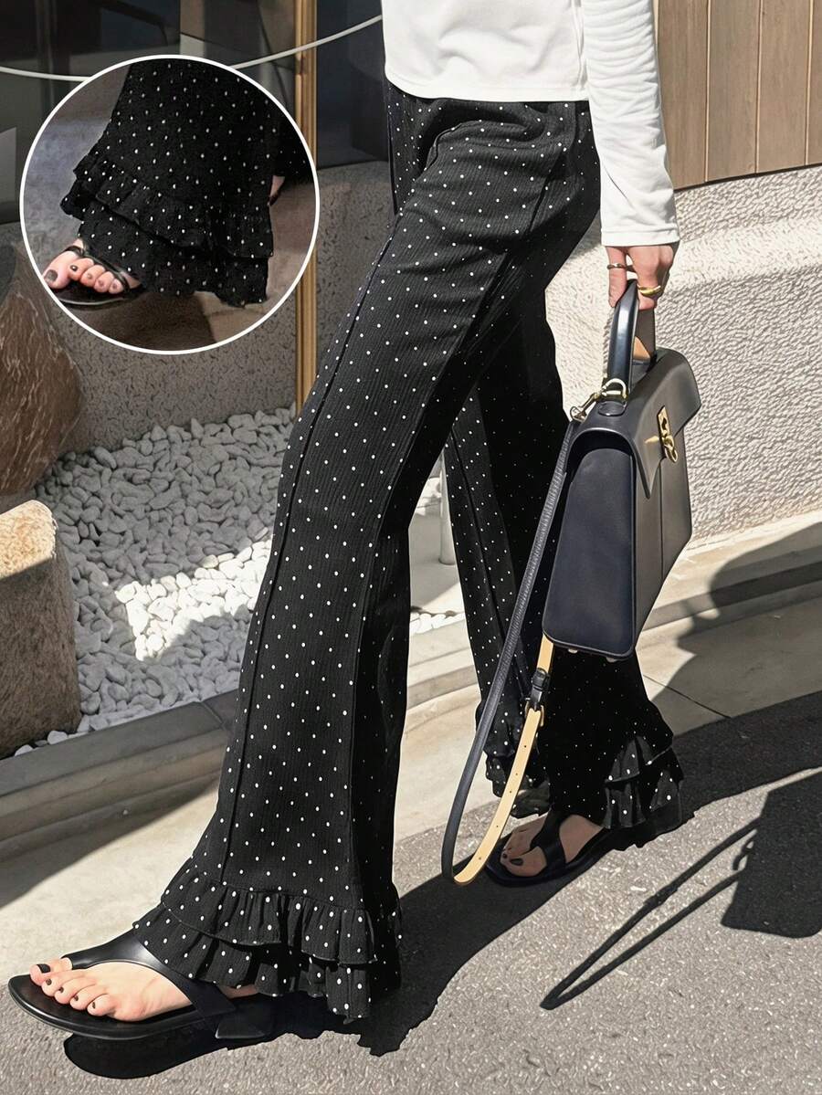 FRIFUL Women's Fashionable Versatile Polka Dot Print Ruffle Hem Casual Pants - Black - View 1