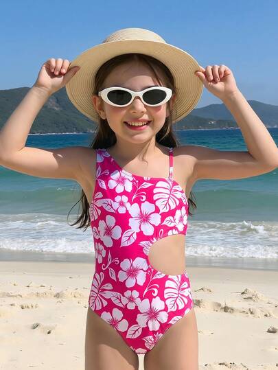 SHEIN Áo tắm liền thân khoét lỗ màu hồng cánh sen in hoa dành cho bé gái tuổi teen, thích hợp cho kỳ nghỉ biển.