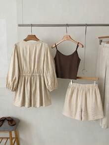GlowEve CURVE Plus Size Summer Casual Solid Color Shirt And Shorts 2 Pieces Set - Khaki - View 2