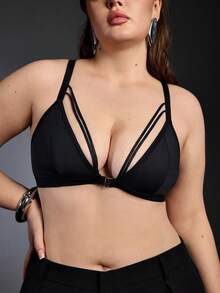 EmpressEnvy Plus Size Minimalist Solid Color Front Closure Wireless Bra - Black - View 1