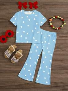 2pcs/Set Young Girl Sweet Heart Print Round Neck Short Sleeve T-Shirt And Flare Pants,Family Matching,Summer,Hippie Style,Music Festival,Vintage - Multicolor - View 3
